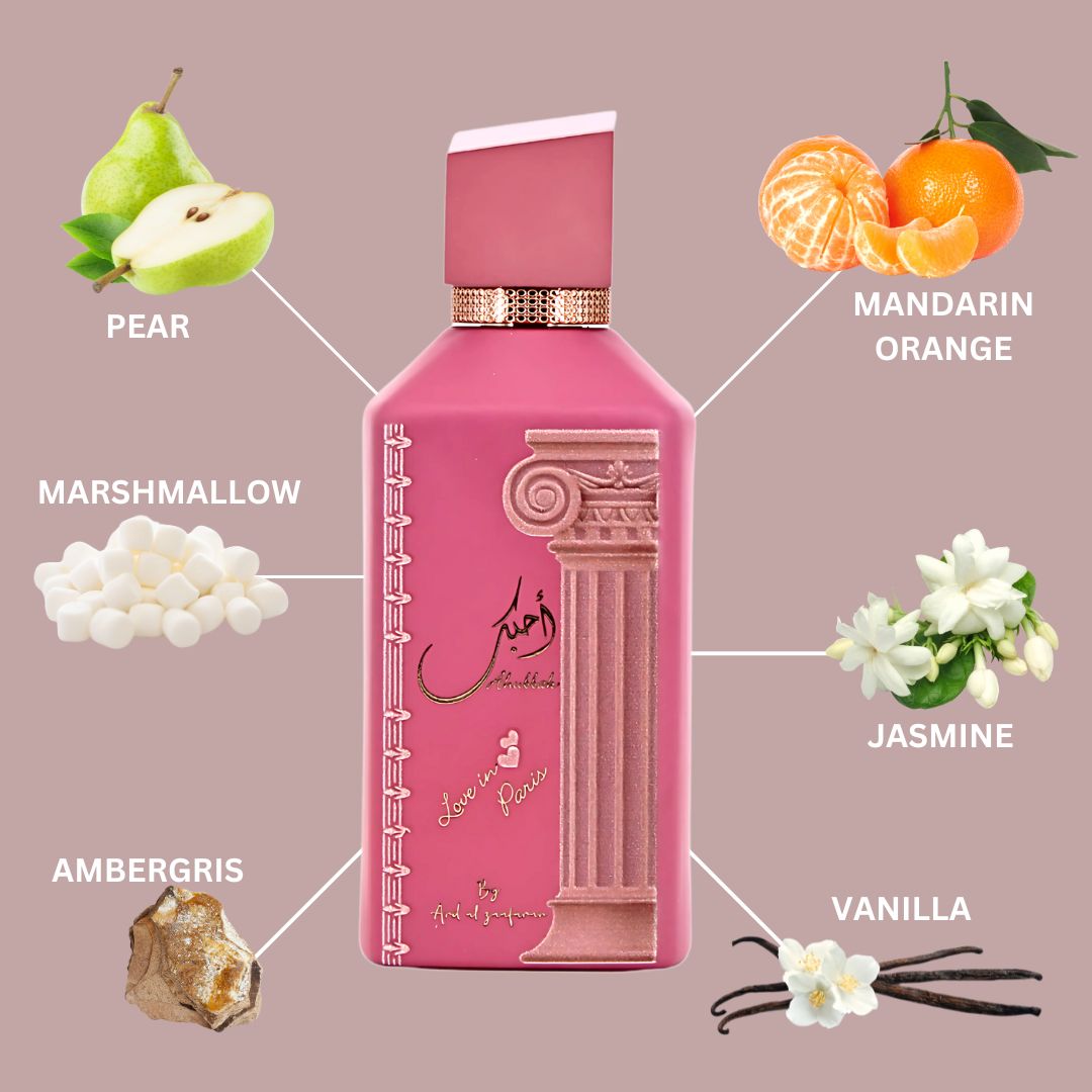 Ahubbak Love In Paris Eau De Parfum Spray 100ML (3.4 OZ) By Ard Al Zaafaran | A Delightful Fusion Of Tangy Fruits & Florals, Crowned With A Sweet Marshmallow Touch & Vanilla.