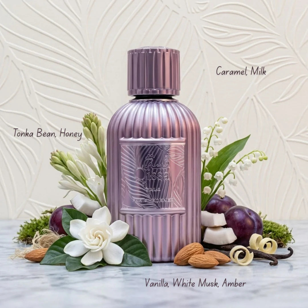 Paris Corner Qissa Gala Eau de Parfum spray 100ml bottle with elegant packaging and floral fragrance design.