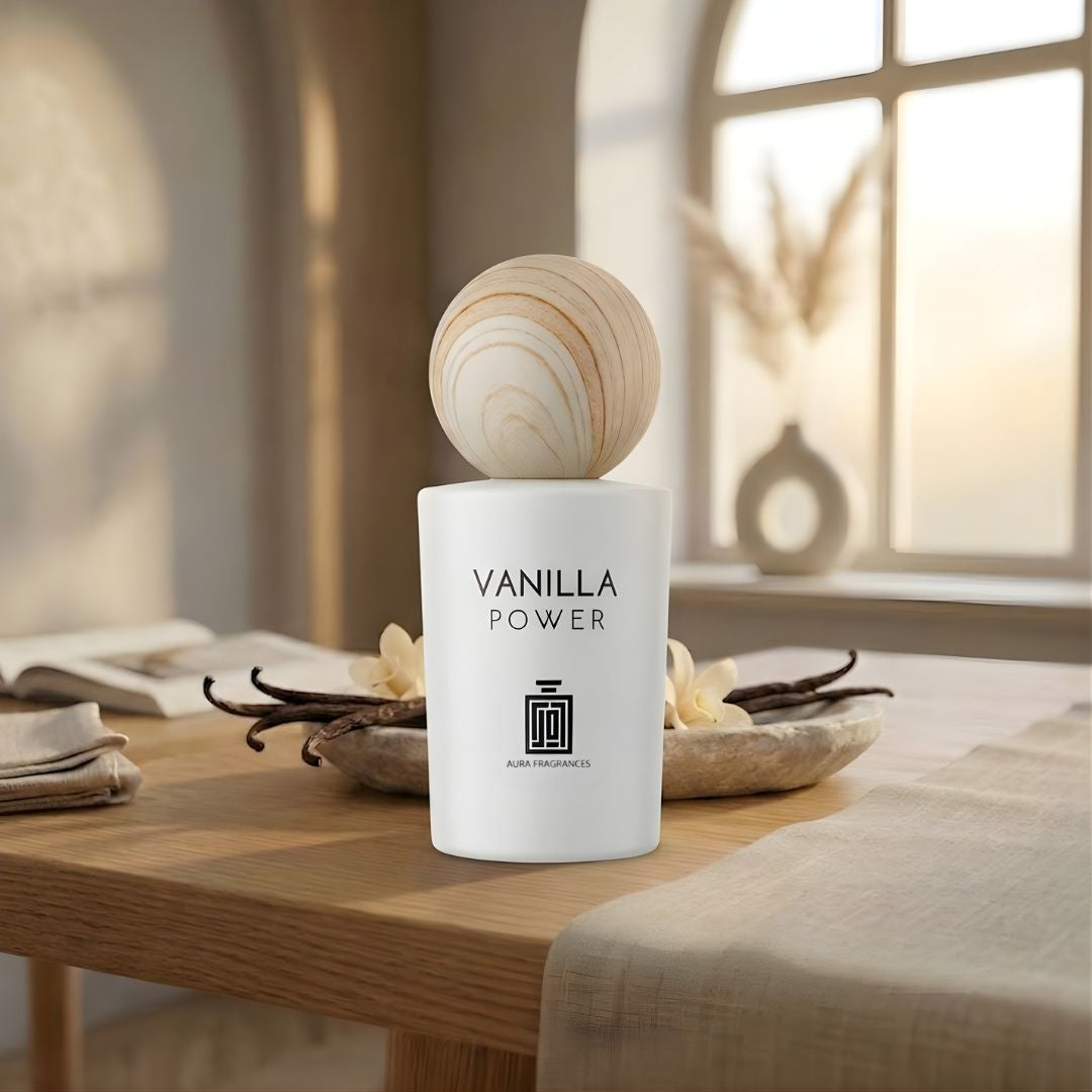 Aura Fragrances Vanilla Power Eau De Parfum spray 100ml bottle with a sleek design and vanilla-themed packaging.