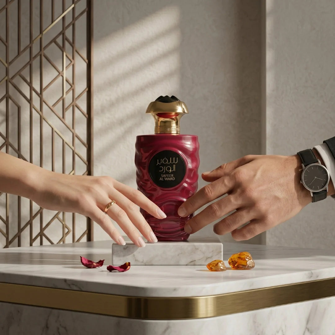 Safeer Al Ward Eau de Parfum spray by Ard Al Zaafaran in 100ml bottle, elegant glass bottle with floral accents and silver cap.