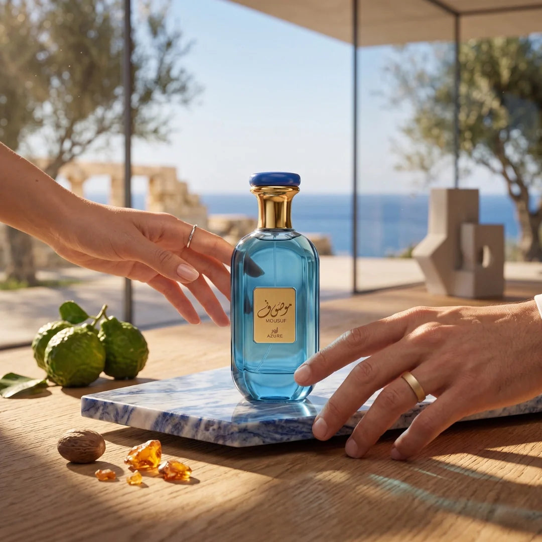 Mousaf Azure Eau de Parfum spray by Ard Al Zaafaran, 100ml bottle with elegant branding and sleek design.