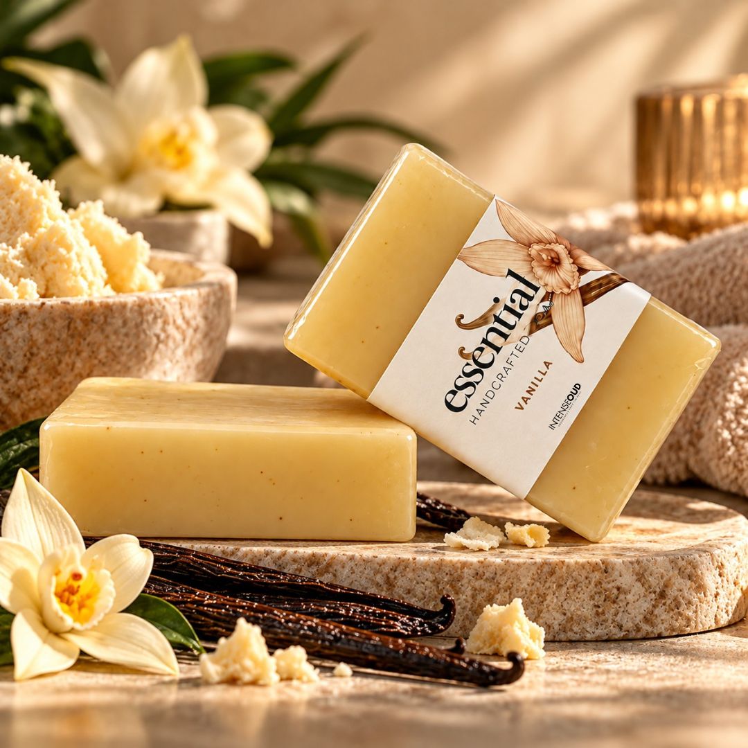 Vanilla handmade soap by Intense Oud, 150g, with a creamy texture and vanilla scent, displayed in a natural setting.