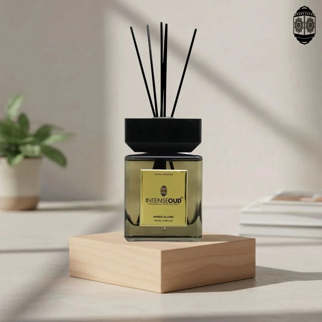 INTENSE OUD Reed Diffuser, Amber Allure – 500ml (17.6 oz) – Fragrance for Up to 90 Days – Reusable, Refillable Glass Holder and Includes 6 All-Natural Reed Sticks - Intense Oud