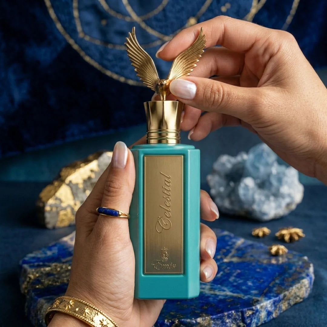 Celestial Emir Eau de Parfum spray by Paris Corner, 100ml, featuring a sleek bottle with elegant design and golden accents.
