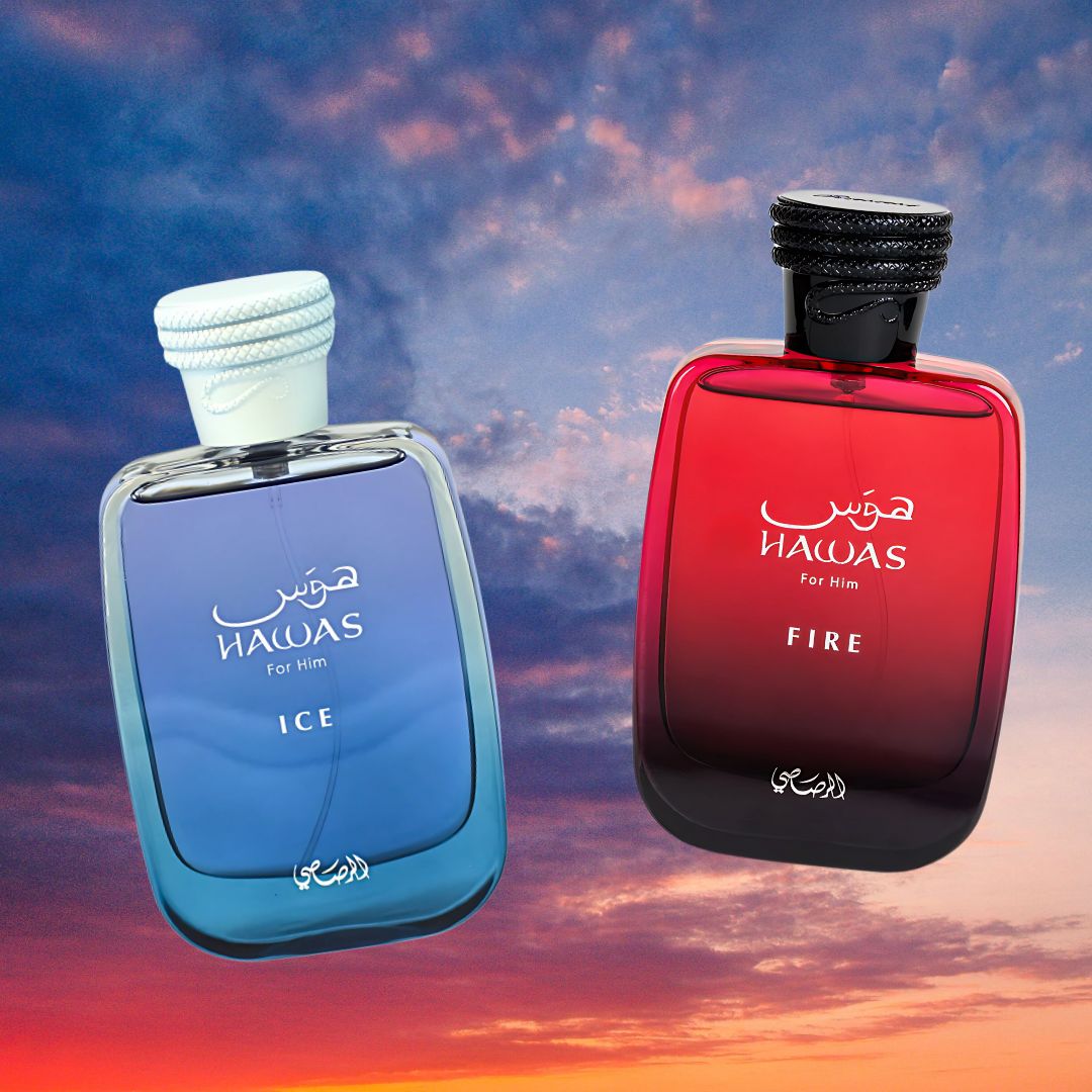 Hawas Ice For Him & Hawas Fire Eau De Parfum Sprays 100ML (3.4 OZ) By Rasasi | Fresh, Bold & Fiery Fragrances For A Lasting Impression. (ICE N FIRE BUNDLE)