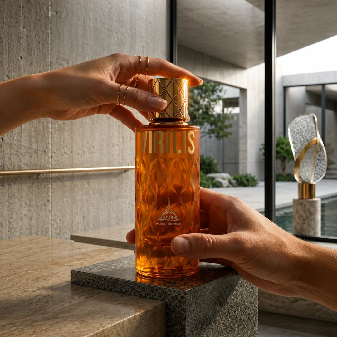 Virilis Eau de Parfum spray 100ml by Paris Corner, elegant glass bottle with a sleek design and a black cap.