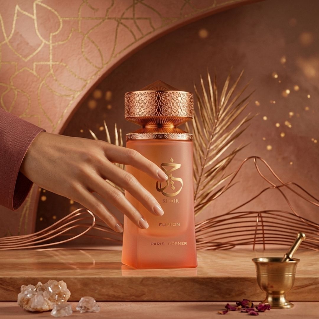 Paris Corner Khair Fusion Eau de Parfum spray 100ml, elegant perfume bottle with floral and woody notes visible.