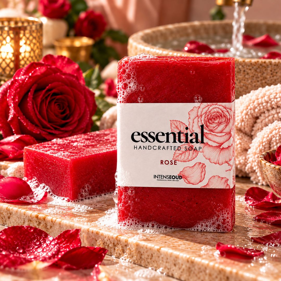 Handmade rose soap by Intense Oud, 150g, showing a pink floral soap bar with intricate floral patterns on top.