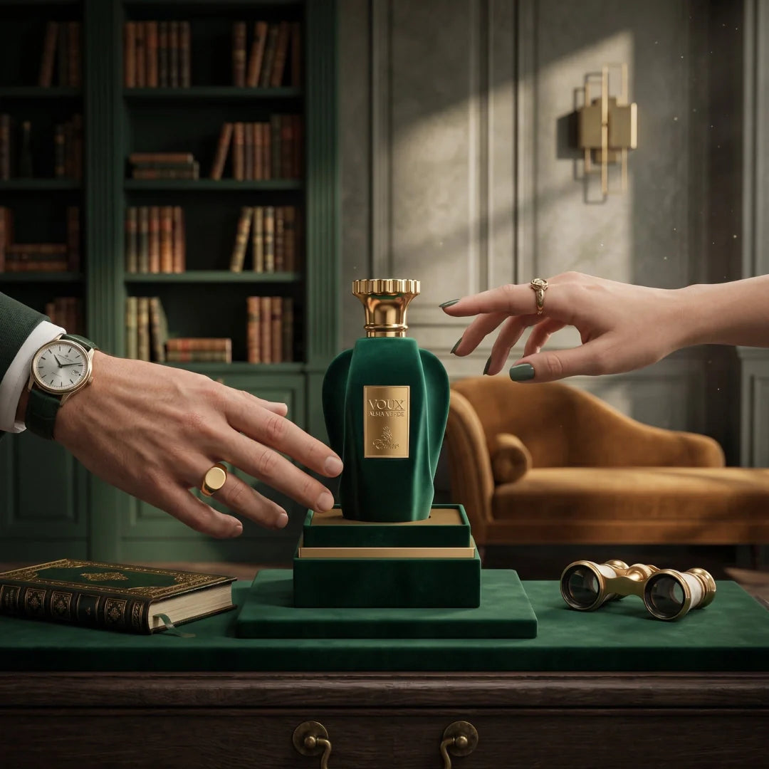 Voux Alma Verde Eau de Parfum spray by Paris Corner, 100ml, featuring a sleek bottle with green accents and elegant design.
