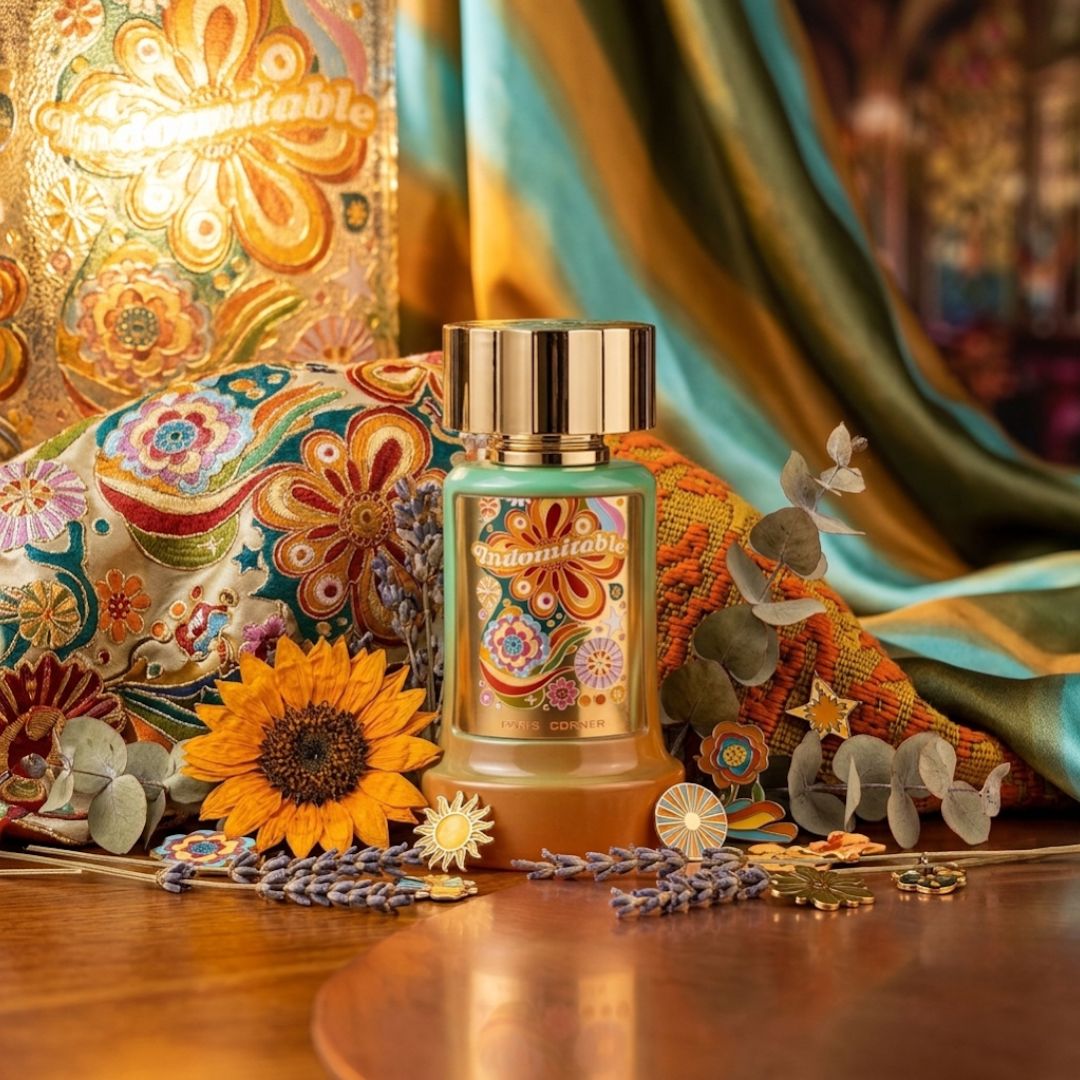 Paris Corner Indomitable Eau de Parfum spray 100ml bottle with elegant design and clear glass showing the fragrance inside.