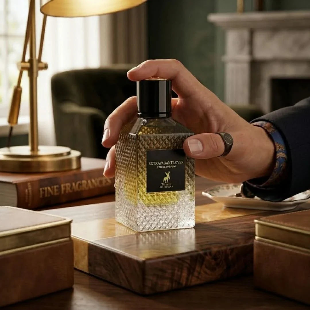 Maison Alhambra Extravagant Lover Eau de Parfum spray 100ml bottle with elegant design and floral accents.