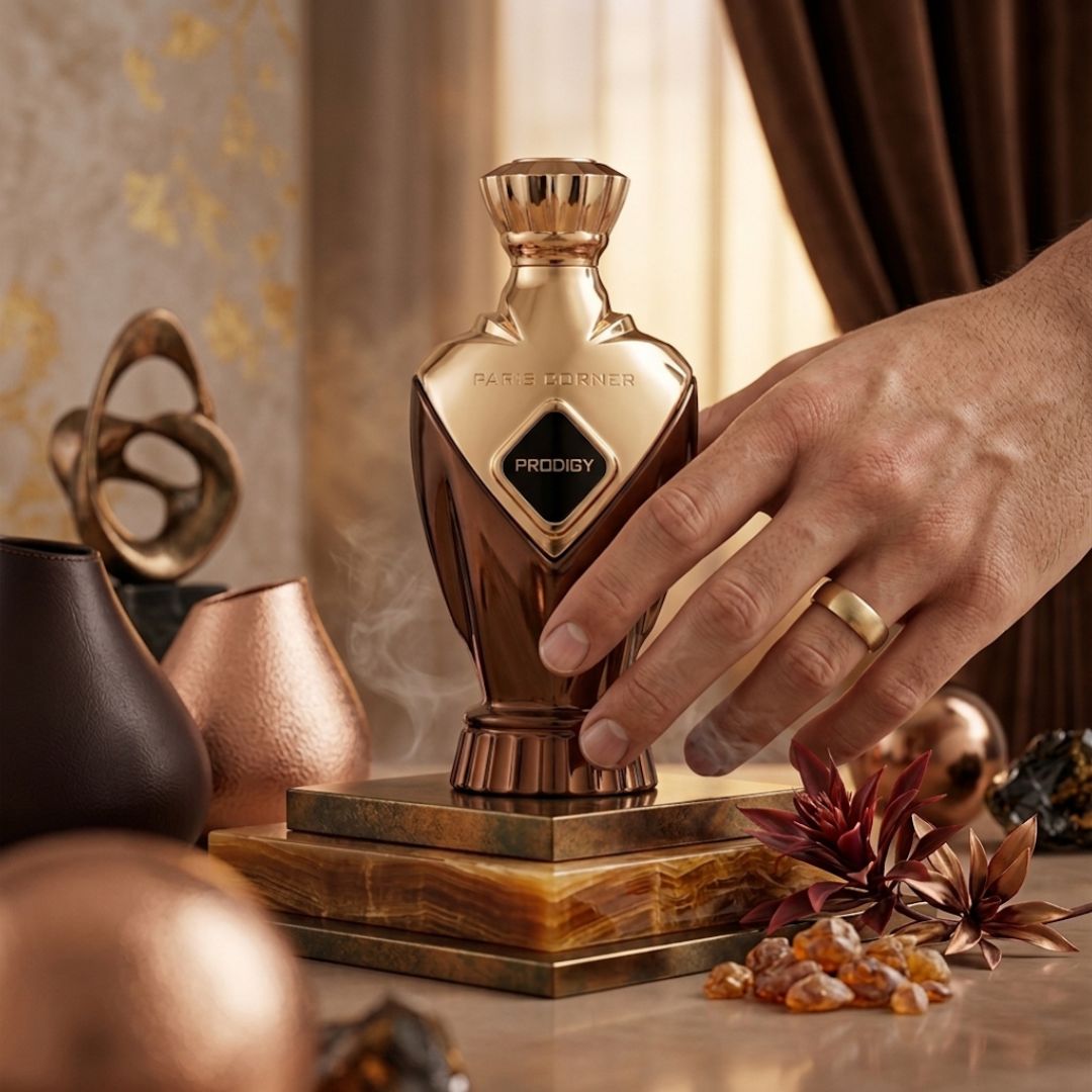 Prodigy Eau de Parfum Spray by Paris Corner, 100ml bottle with elegant packaging, showcasing the perfume's sleek design and branding.