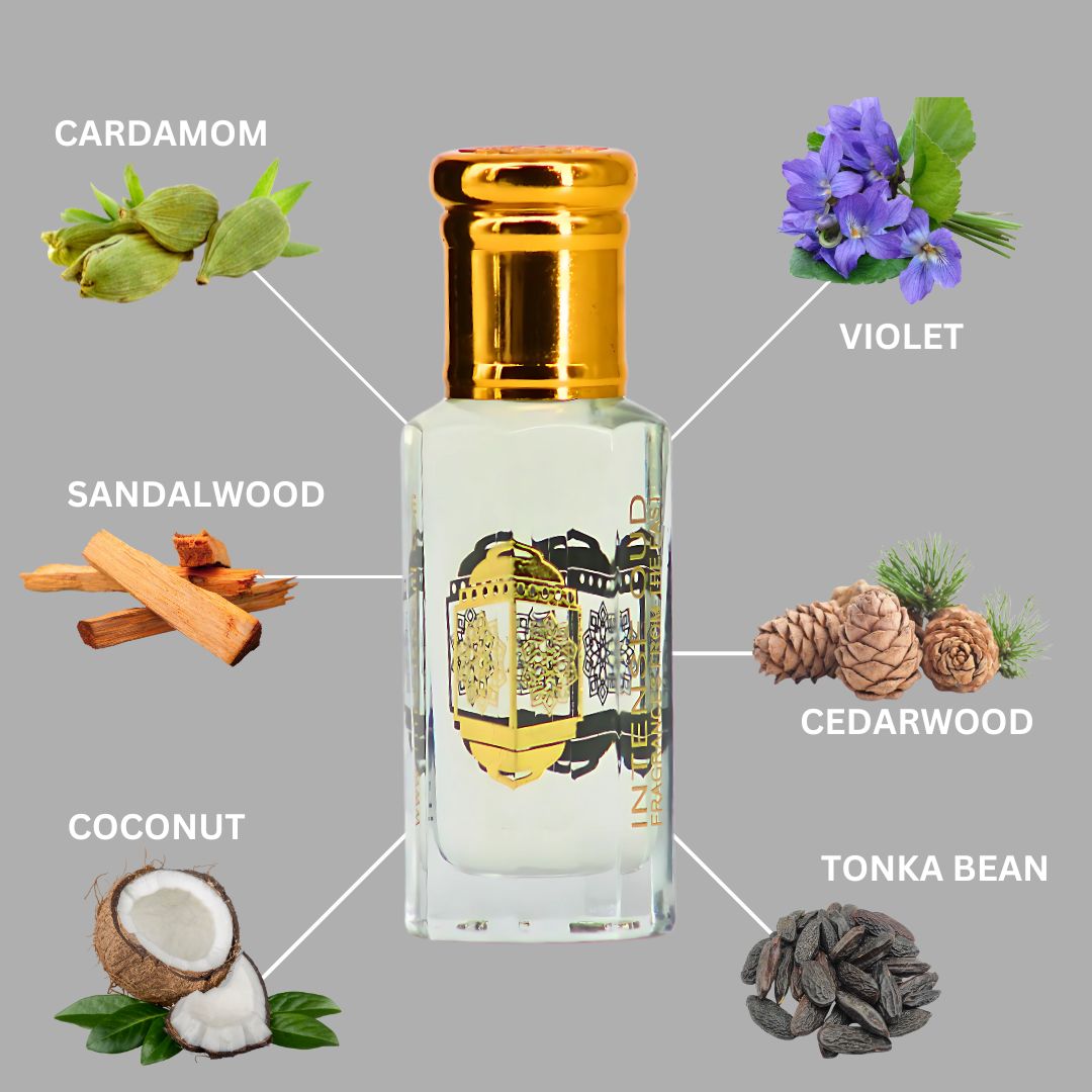 Khashab Al Sandal Perfume Oil 12ML (0.40 OZ) With Black Gift Box By Intense Oud | Cardamom & Violet, Layered With Sandalwood & Creamy Coconut.