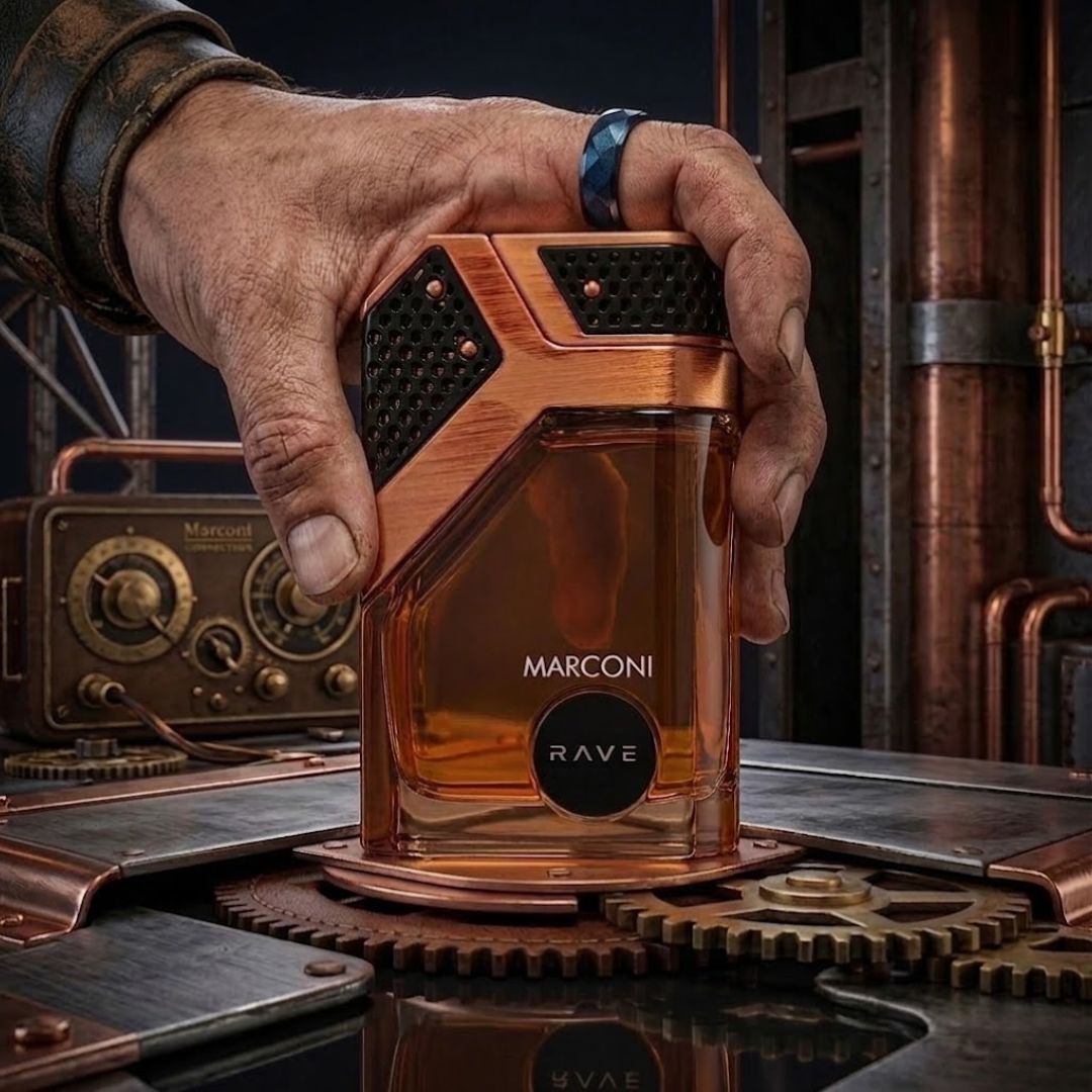RAVE Marconi Eau de Parfum Spray 100ml, elegant perfume bottle with sleek design, showcasing the RAVE fragrance.