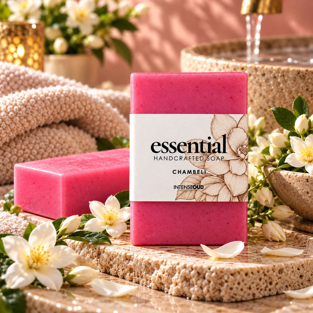 Chameli Handmade Soap by Intense Oud, 150g, featuring a natural soap bar with floral chameli design and elegant packaging.