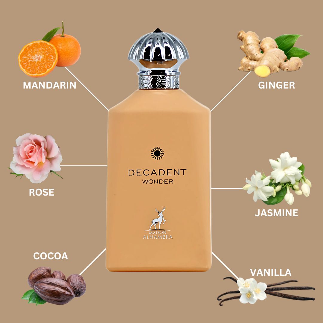 Decadent Wonder Eau De Parfum Spray 100ML (3.4 OZ) by Maison Alhambra | A Lively Blend of Citrus, Spice, Floral Elegance, & an Indulgent Finish of Vanilla, Rum, & Cocoa.