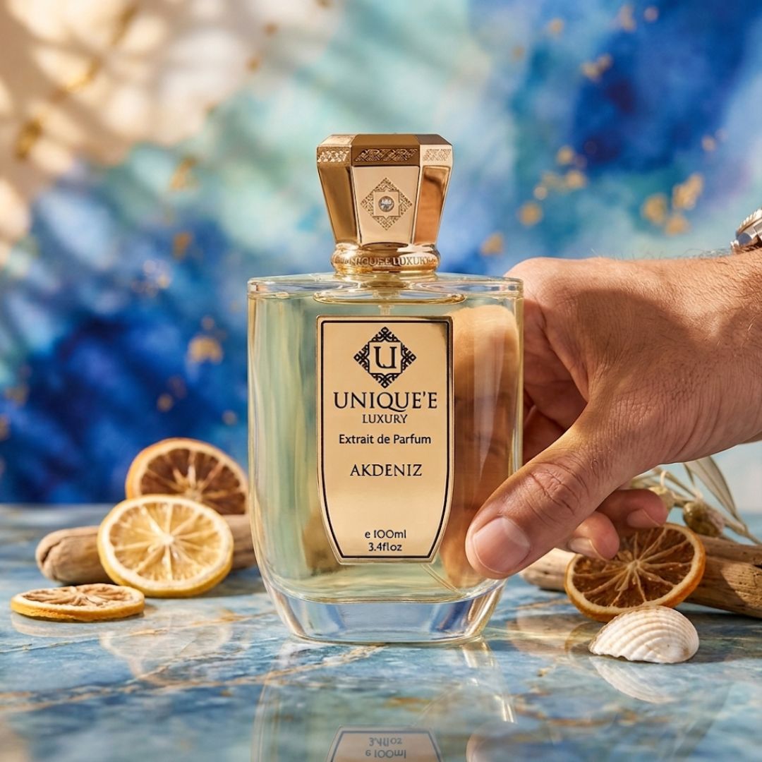 Unique'e Luxury Akdeniz Extrait de Parfum Spray 100ml bottle, elegant design, showcasing the luxury fragrance packaging.