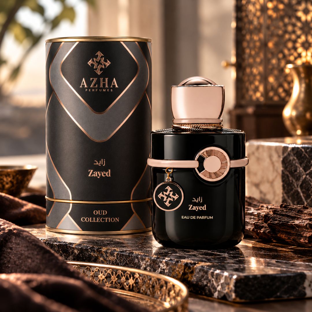 Azha Zayed Eau de Parfum spray 100ml bottle with elegant design and floral fragrance, showcasing the perfume's packaging and branding.