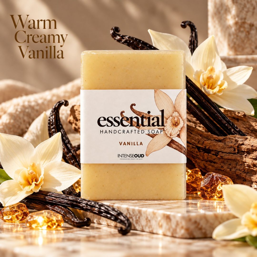 Set of six handmade soap bars by Intense Oud featuring Chameli, Vanilla, Rose, Naranji, and Ocean scents, 150g each.