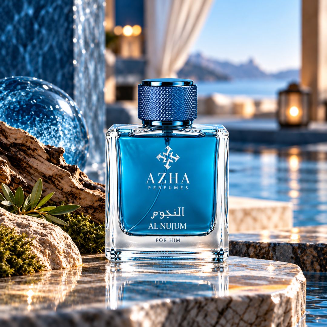 Al Nujum Eau de Parfum by AZHA, 100ml spray bottle, elegant glass container with a sleek design and floral accents.
