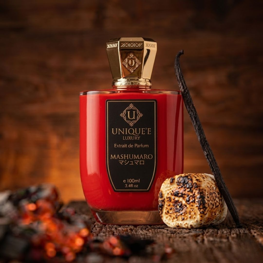 Unique'e Luxury Mashumaro Extrait de Parfum 100ml EDP bottle with sleek design and elegant cap, showcasing a luxurious perfume product.