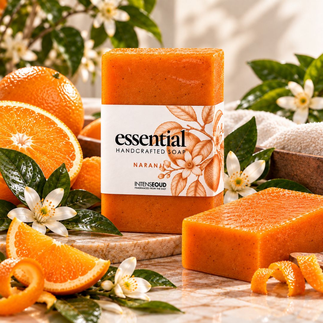 Handmade Naranji soap by Intense Oud in 150g, featuring a natural soap bar with a textured surface and citrus scent.