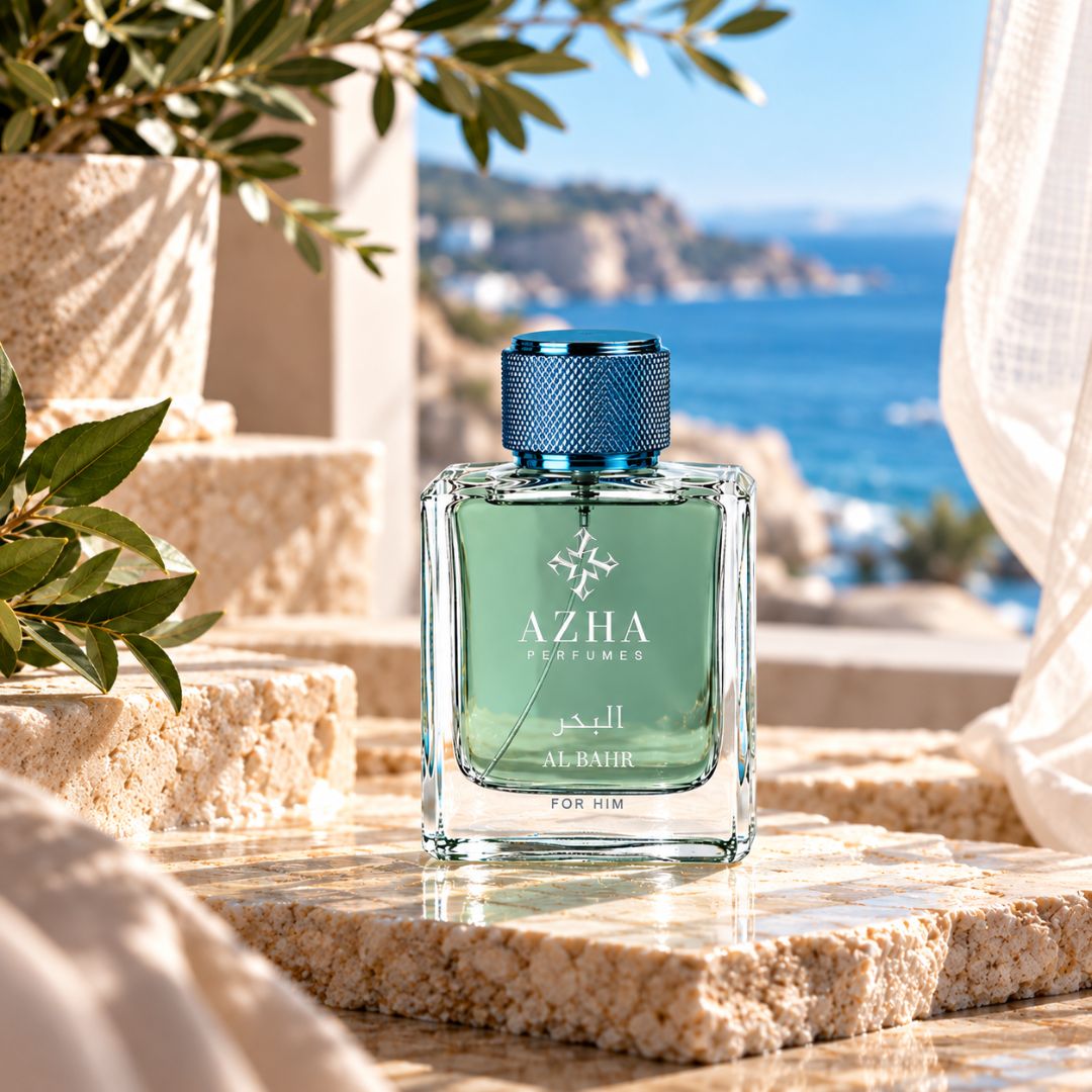 Al Bahr Eau de Parfum spray bottle by AZHA, 100ml, with elegant packaging and floral, citrus fragrance notes visible.