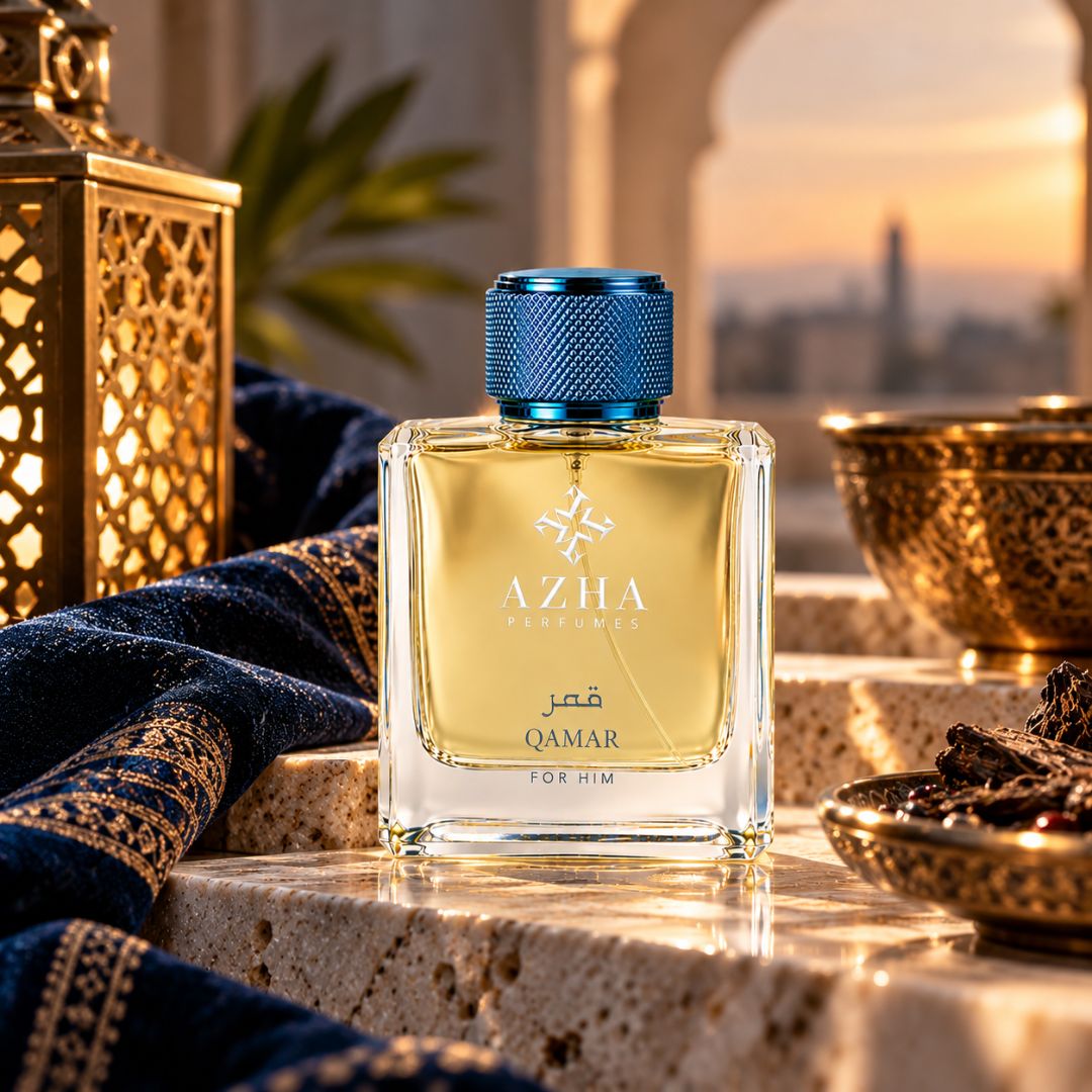 Qamar Eau de Parfum Spray by AZHA, 100ml bottle with elegant design, showcasing the fragrance bottle and cap.
