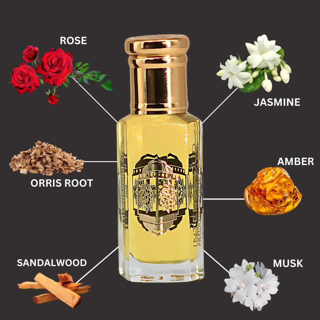 Attar Majmu Perfume Oil 12ML (0.40 OZ) With Black Gift Box By Intense Oud | Elegant Florals With Warm Amber, Creamy Sandalwood & Musk.