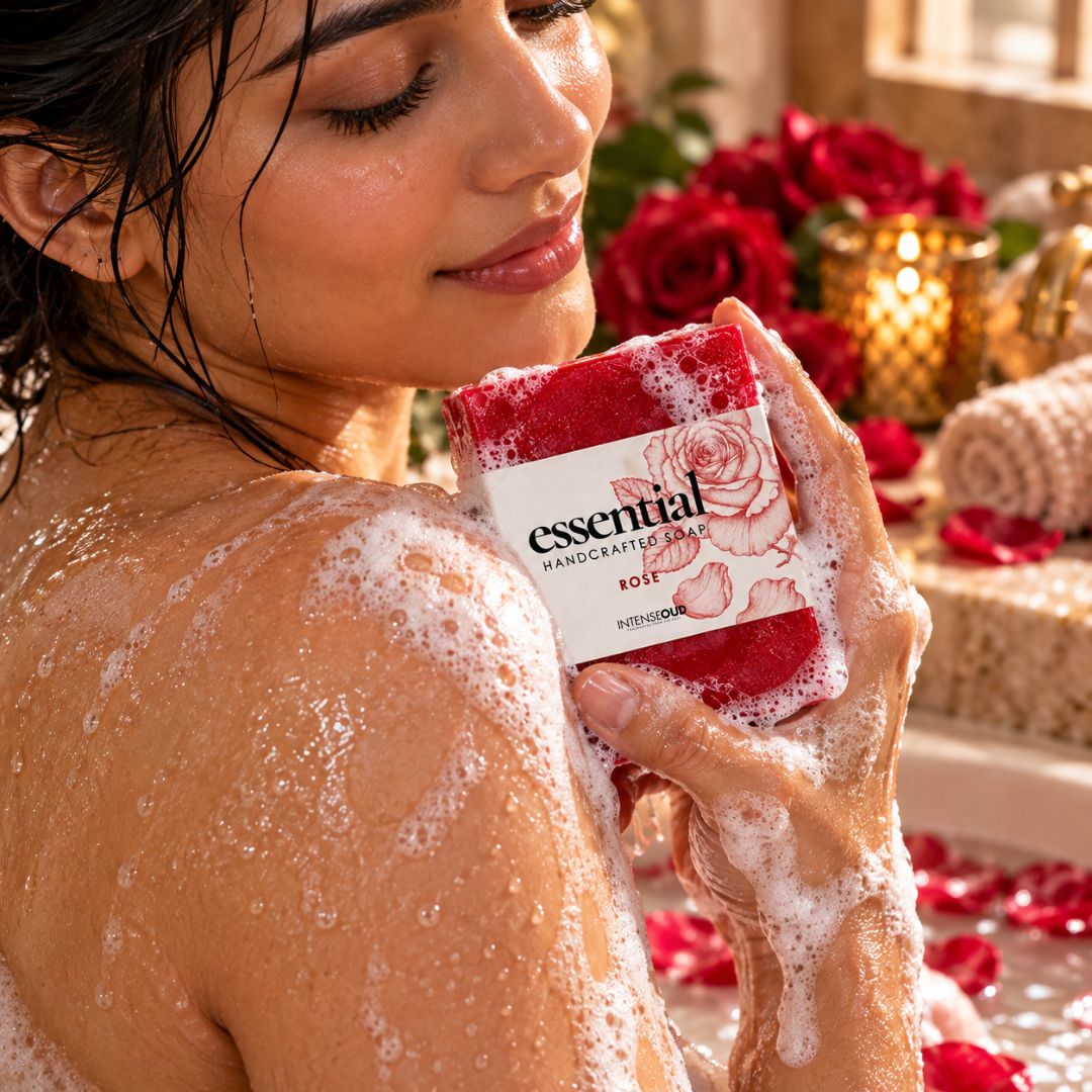 Rose handmade soap by Intense Oud in a 150g bar with a floral rose scent and elegant packaging.