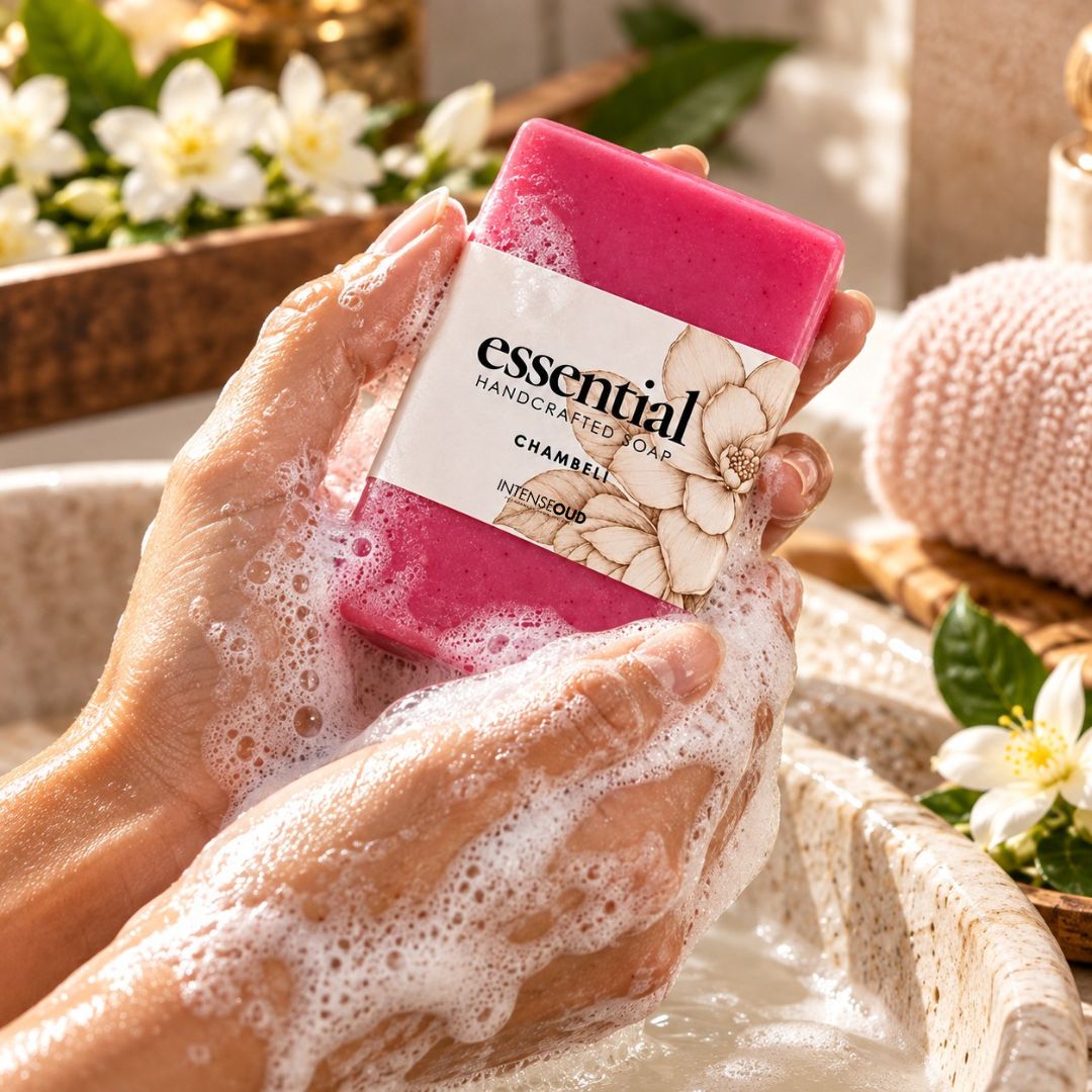 Chameli Handmade Soap by Intense Oud, 150g, with floral and herbal ingredients, showing the soap bar with chameli flower scent.
