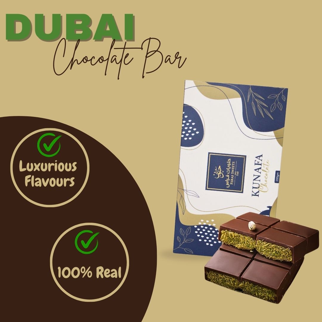 Dubai Kunafa Chocolate Bar 200GMS By Feras Sweets | Rich Chocolate, Creamy Pistachio, Crispy Kunafa, The Viral Dubai Chocolate (BOX OF 6)