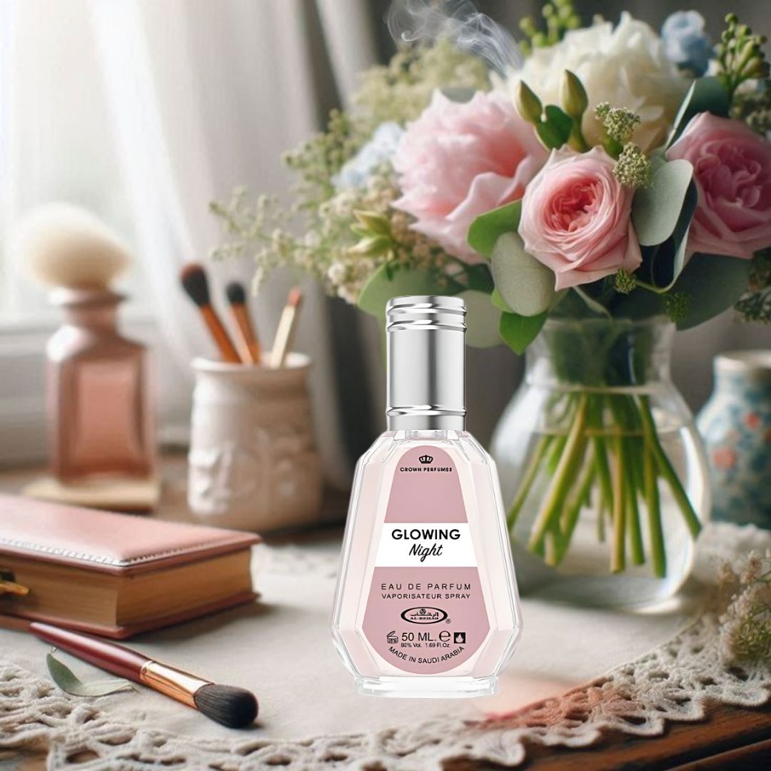 Glowing Night Eau De Parfum Spray 50ML (1.7 OZ) By Al Rehab | A Tropical Bloom Wrapped In Creamy Vanilla & Coconut, Perfect For Those Who Desire A Sweet & Exotic Floral Escape.