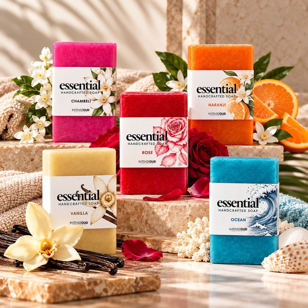 Assorted handmade soap bars from Intense Oud, featuring Chameli, Vanilla, Rose, Naranji, and Ocean fragrances in 150g collections.
