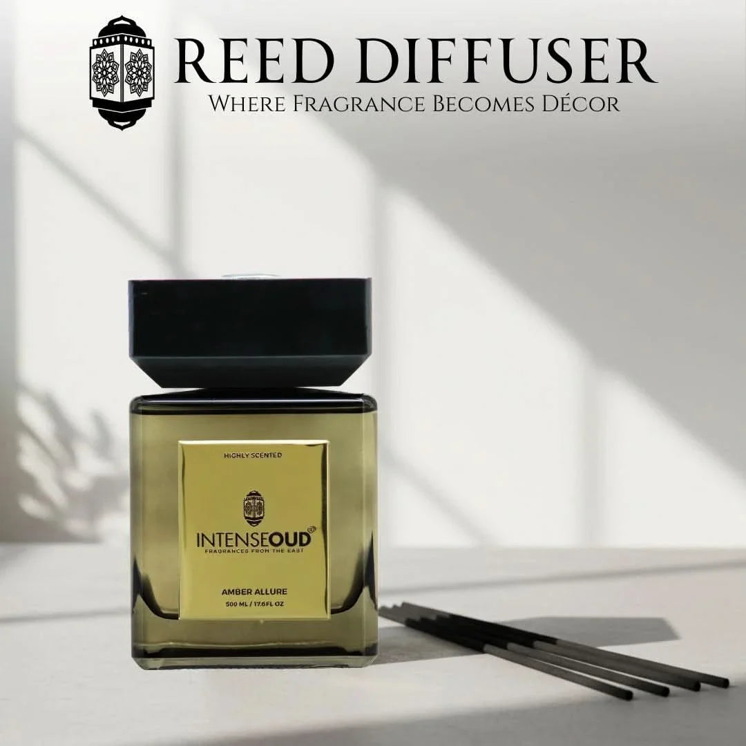 INTENSE OUD Reed Diffuser, Amber Allure – 500ml (17.6 oz) – Fragrance for Up to 90 Days – Reusable, Refillable Glass Holder and Includes 6 All-Natural Reed Sticks - Intense Oud