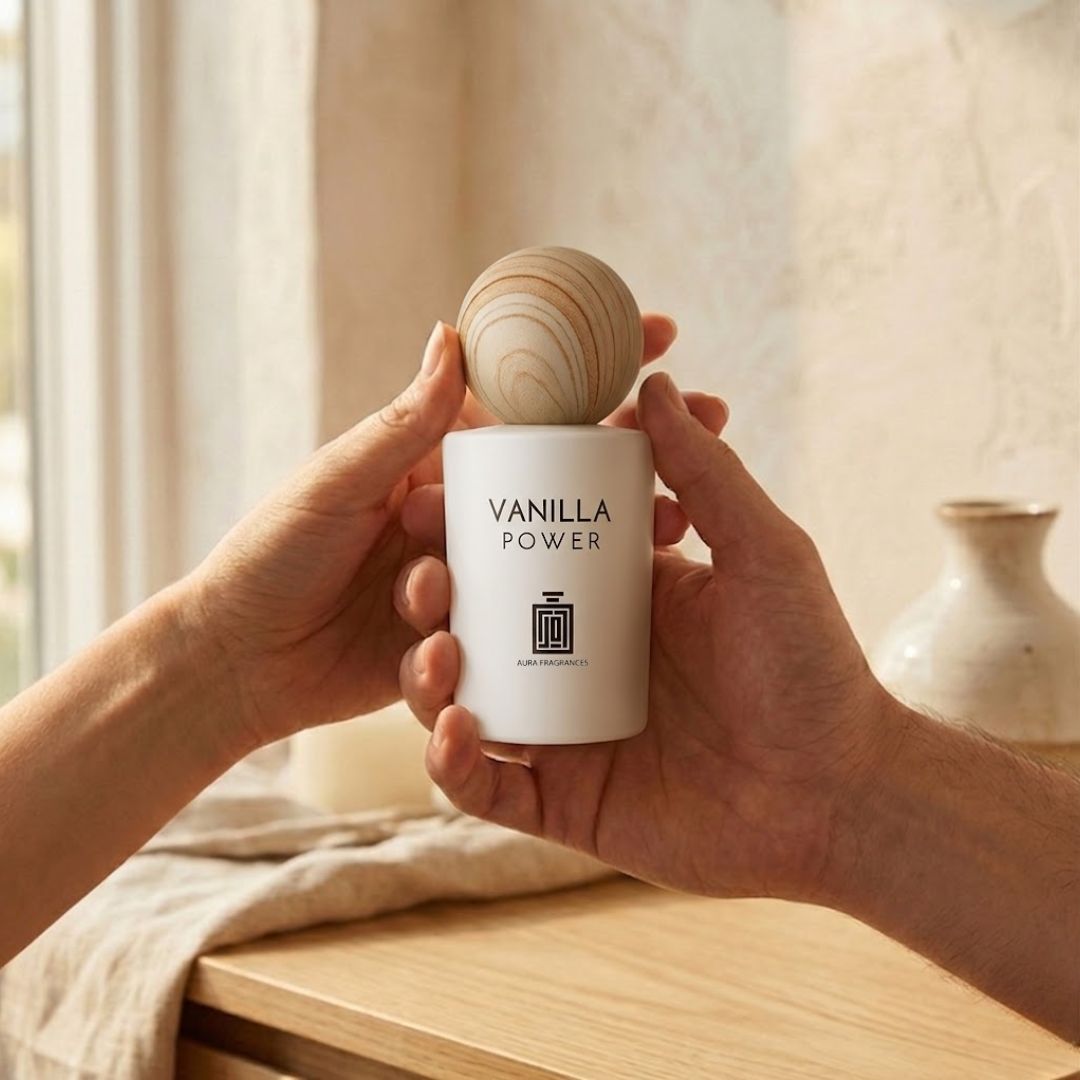 Aura Fragrances Vanilla Power Eau De Parfum spray bottle, 100ml, with elegant packaging and a vanilla-scented fragrance.