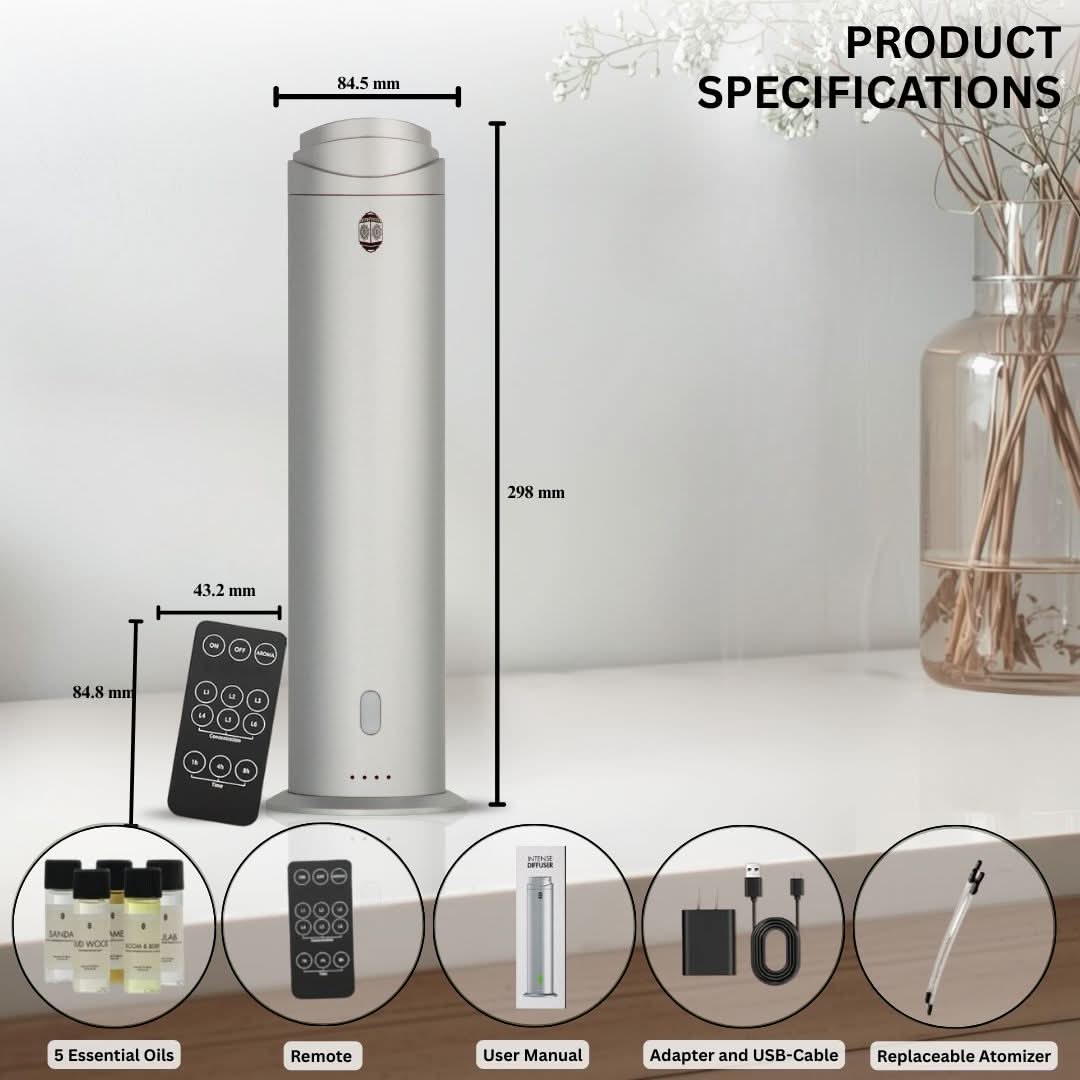 Intense Diffuser Silver – 120ml, Aromatherapy Diffuser with Remote, Covers 1000 Sq Ft, Adjustable Mist & Timer, Starter Kit for Home, Office & Hotel - Waterless - Intense Oud