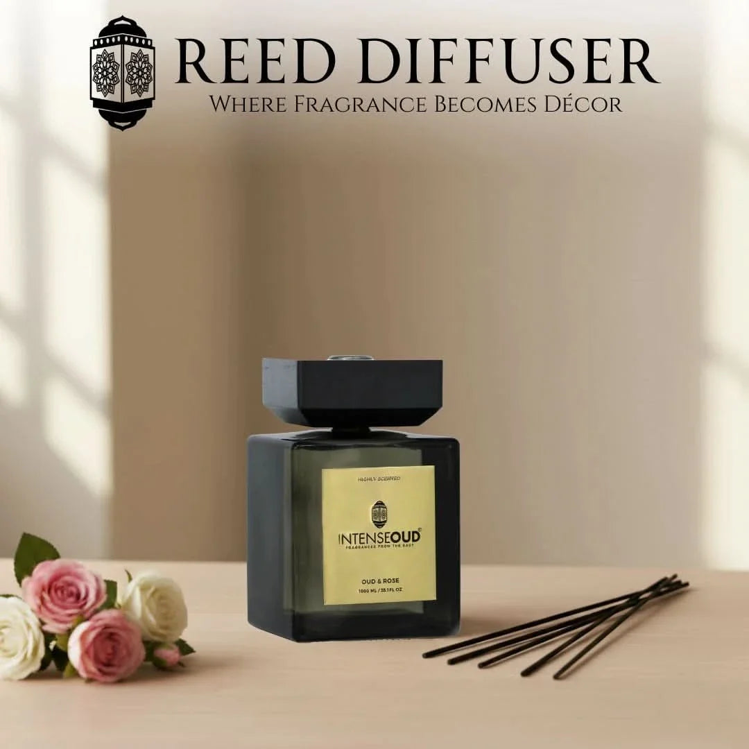 INTENSE OUD Reed Diffuser, Oud Rose – 1000ml (35.1 oz) – Fragrance for Up to 90 Days – Reusable, Refillable Glass Holder, Includes 6 All-Natural Reed Sticks - Intense Oud