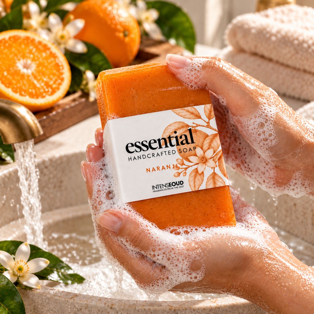 Naranji Handmade Soap by Intense Oud, 150g, featuring natural ingredients and a textured soap bar with earthy tones.