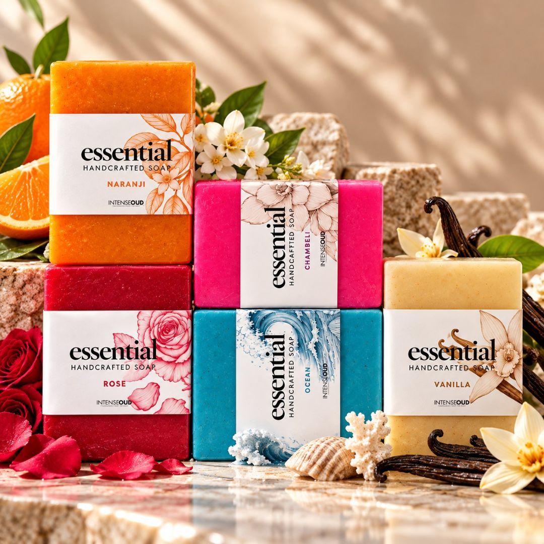 Collection of 150g Intense Oud handmade soaps including Chameli, Vanilla, Rose, Naranji, and Ocean scents displayed together.