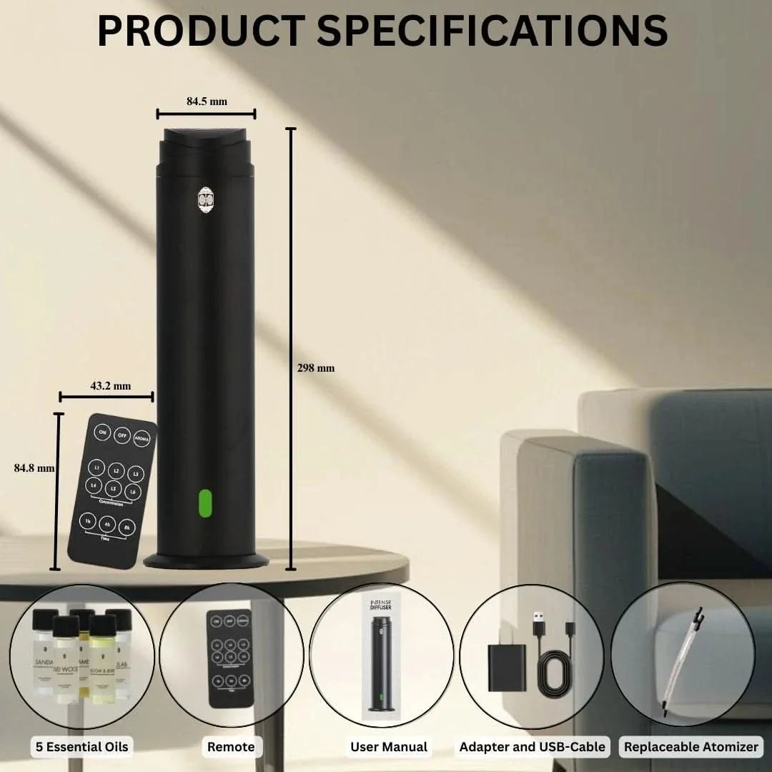 Intense Diffuser Black – 120ml, Aromatherapy Diffuser with Remote, Covers 1000 Sq Ft, Adjustable Mist & Timer, Starter Kit for Home, Office & Hotel - Waterless - Intense Oud