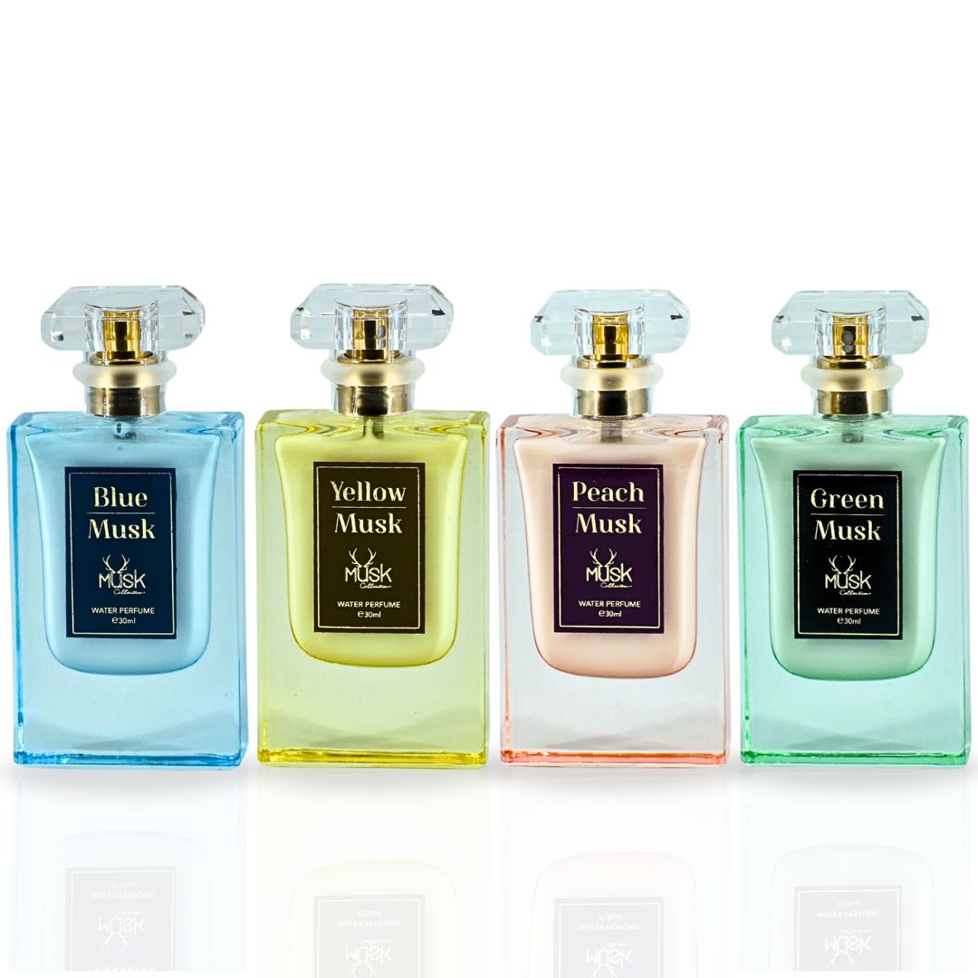 Blue Musk, Yellow Musk, Peach Musk, Green Musk - Water Perfume Spray 30ML (1.01 OZ) by Hamidi | Indulge in the Soothing & Refreshing Aroma. (MUSK COLLECTION)