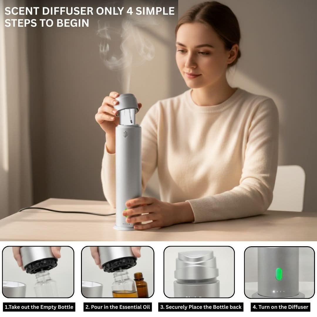 Intense Diffuser Silver – 120ml, Aromatherapy Diffuser with Remote, Covers 1000 Sq Ft, Adjustable Mist & Timer, Starter Kit for Home, Office & Hotel - Waterless - Intense Oud