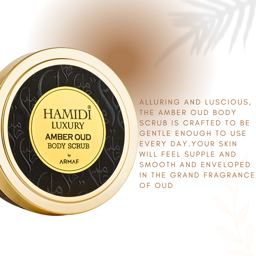 LUXURY AMBER OUD BODY SCRUB 250ML (8.4 OZ) By Hamidi | Gently Exfoliates For Soft & Smooth Skin, Naturally Derived Ingredients.