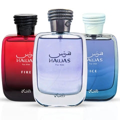 Hawas, Hawas Ice & Hawas Fire Eau De Parfum Sprays 100ML (3.4 OZ) By Rasasi | An Exquisite Trio Of Invigorating, Refined & Masterfully Crafted Fragrances. (THE ULTIMATE COLLECTION)