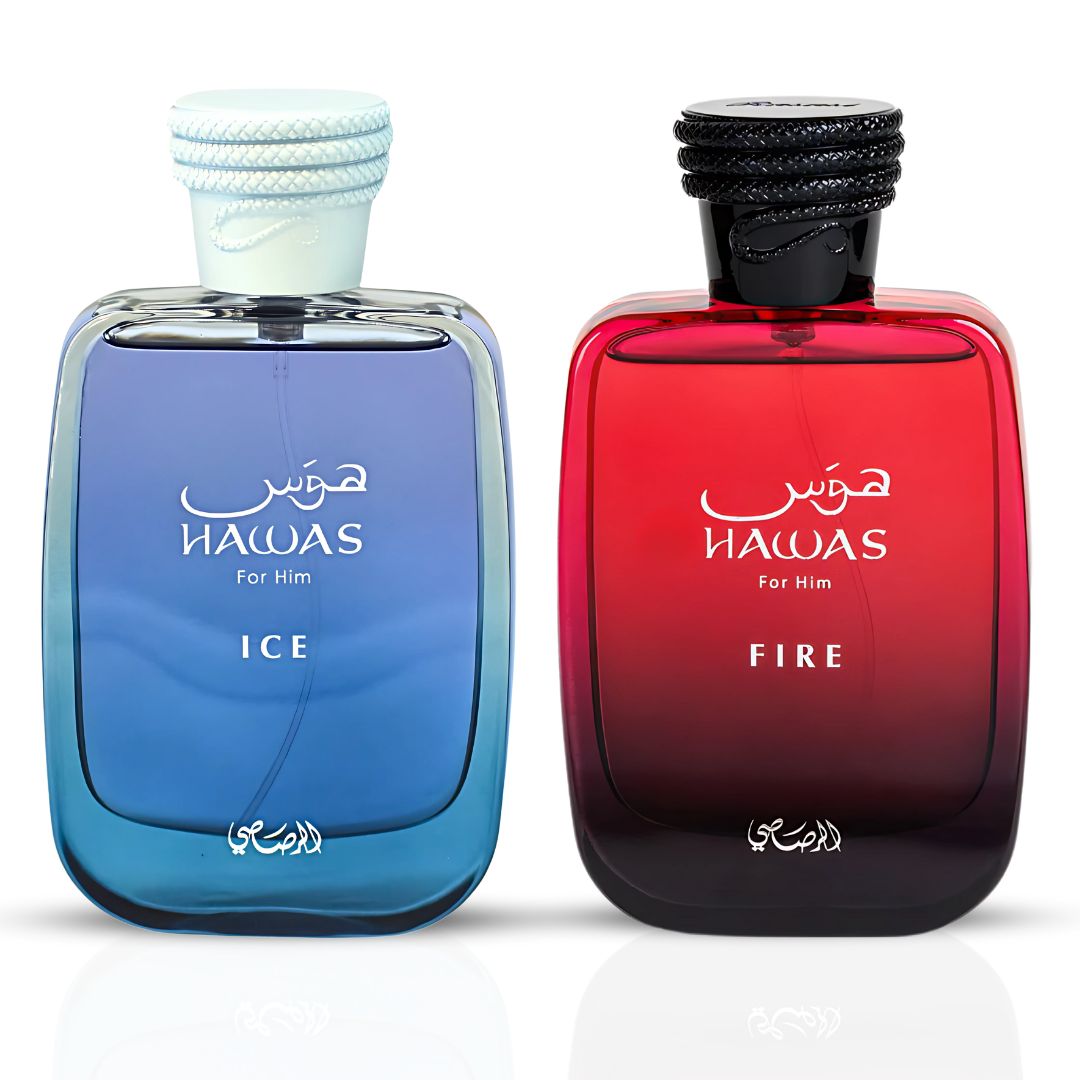 Hawas Ice For Him & Hawas Fire Eau De Parfum Sprays 100ML (3.4 OZ) By Rasasi | Fresh, Bold & Fiery Fragrances For A Lasting Impression. (ICE N FIRE BUNDLE)