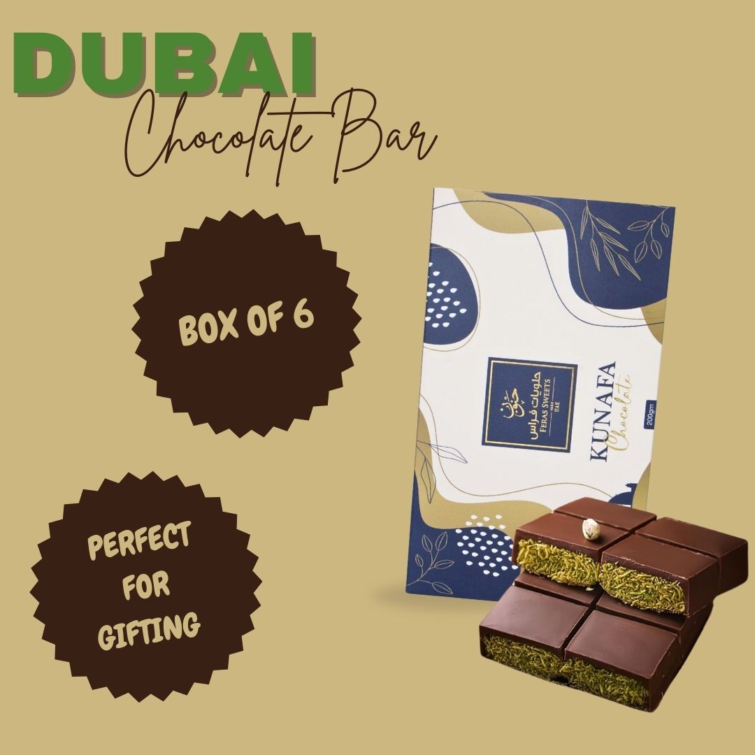 Dubai Kunafa Chocolate Bar 200GMS By Feras Sweets | Rich Chocolate, Creamy Pistachio, Crispy Kunafa, The Viral Dubai Chocolate (BOX OF 6)