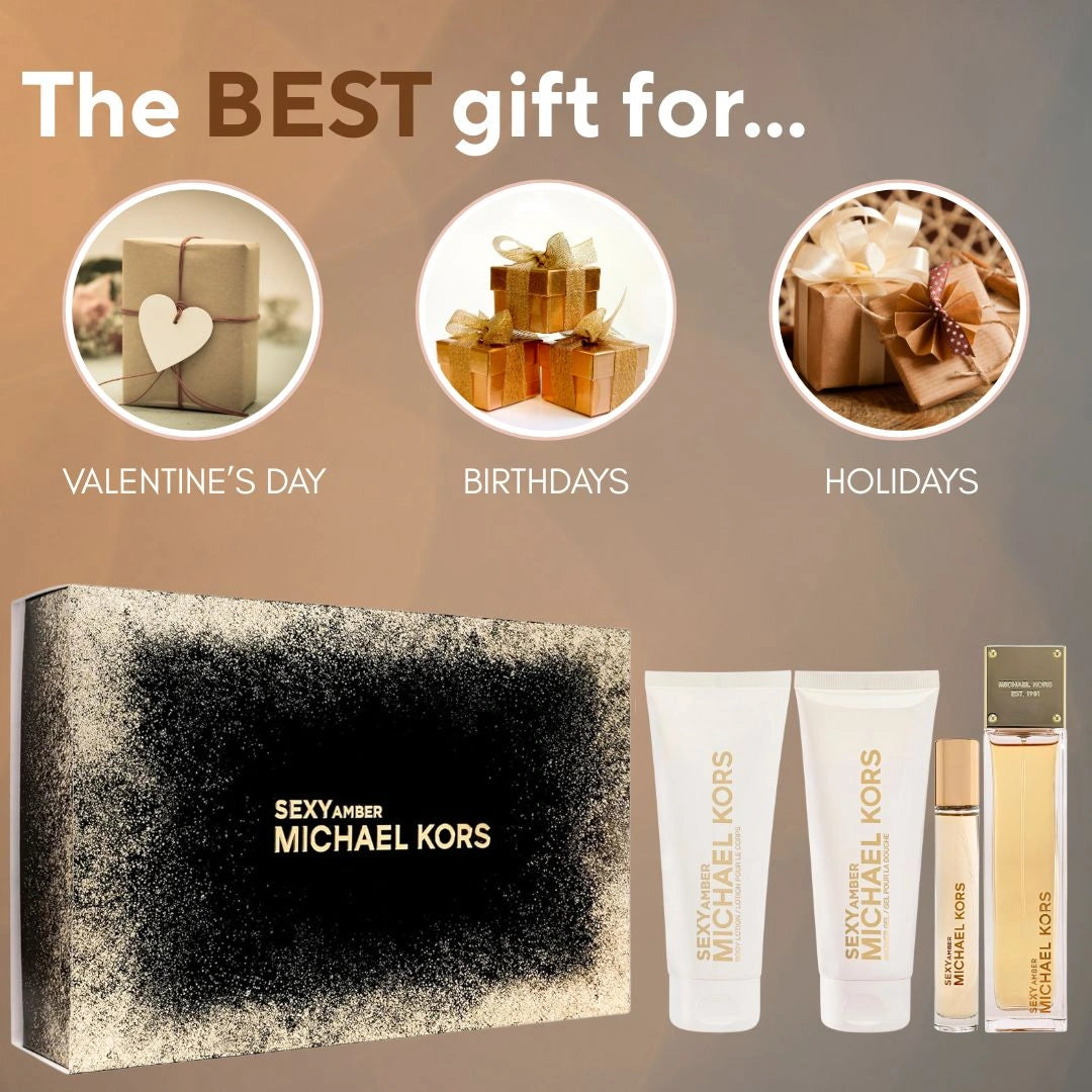 Michael Kors Sexy Amber 4Pc Gift Set (3.4oz EDP Spray, 3.4oz Body Lotion, 3.4oz Shower Gel, 10ml EDP Spray)