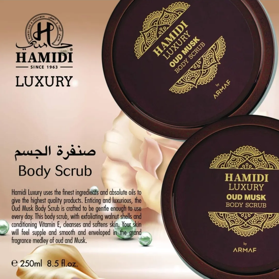 LUXURY OUD MUSK BODY SCRUB 250ML (8.4 OZ) By Hamidi | Gently Exfoliates For Soft & Smooth Skin, Naturally Derived Ingredients.