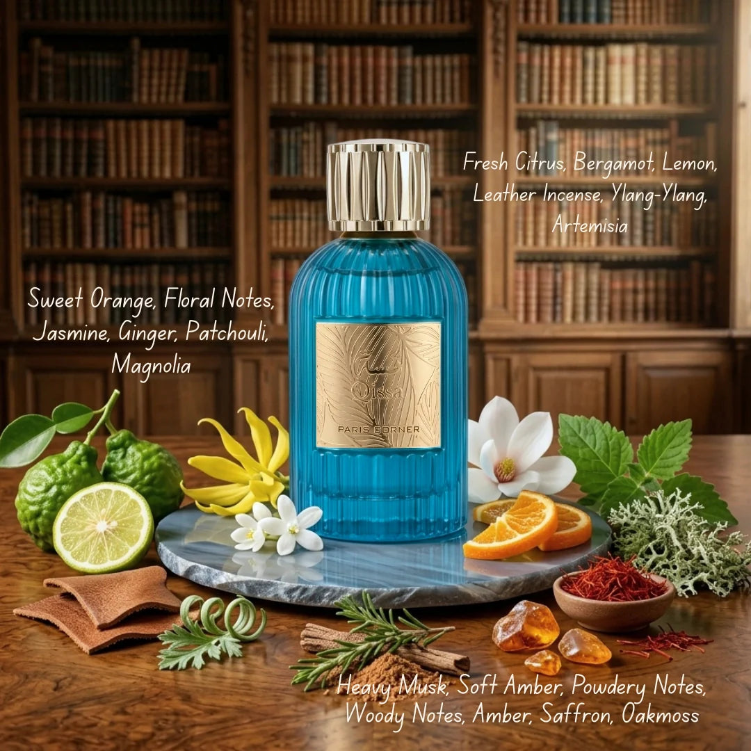 Qissa Blue Eau de Parfum Spray by Paris Corner, 100ml, showing the sleek blue bottle and elegant packaging.